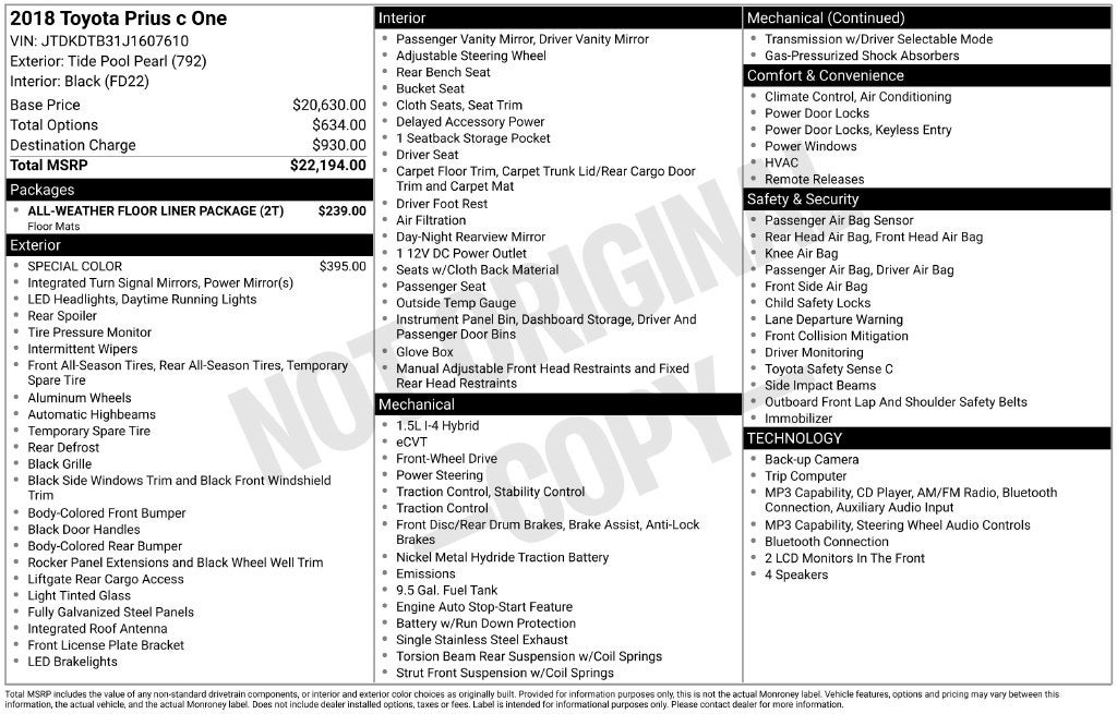 2018 Toyota Prius c One